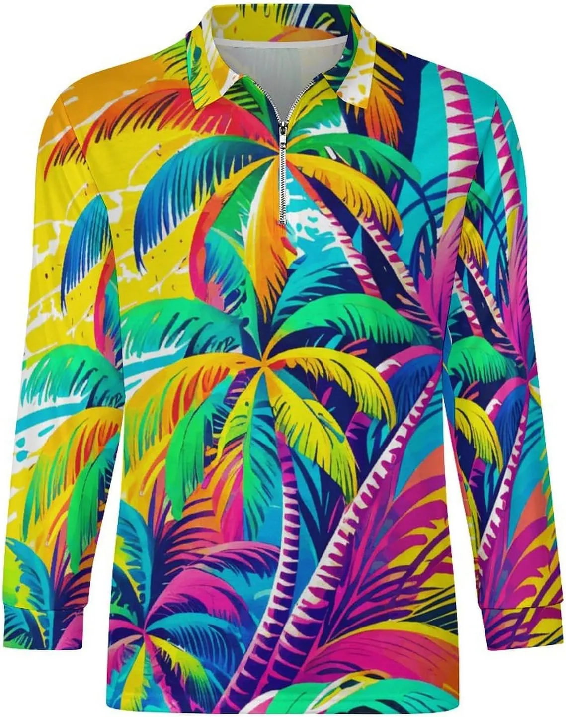 Tropical Palm-Trees Men's Lapel Neck Polo- Shirts Slim Fit Long Sleeve Golf T-Shirts Casual Tees