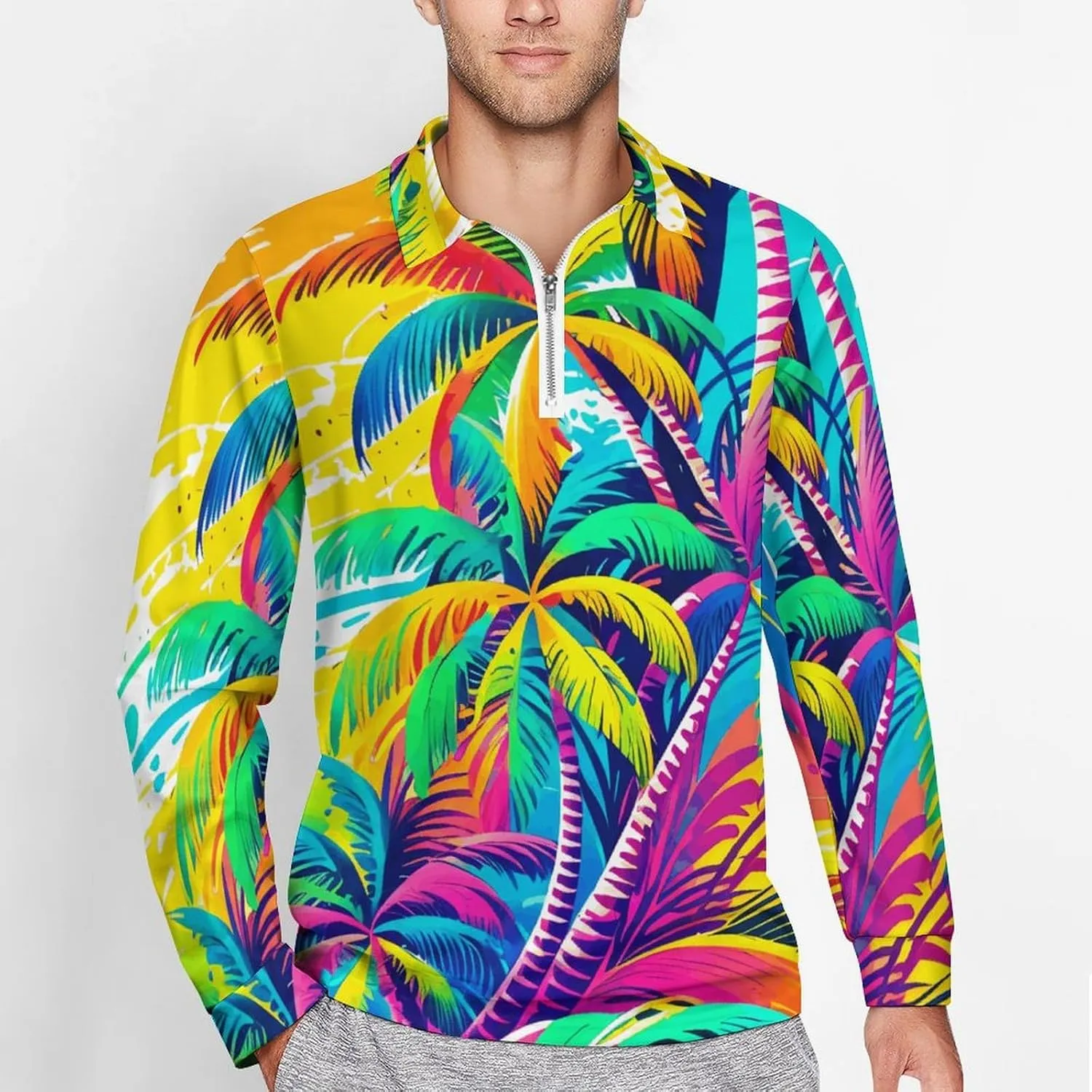 Tropical Palm-Trees Men's Lapel Neck Polo- Shirts Slim Fit Long Sleeve Golf T-Shirts Casual Tees