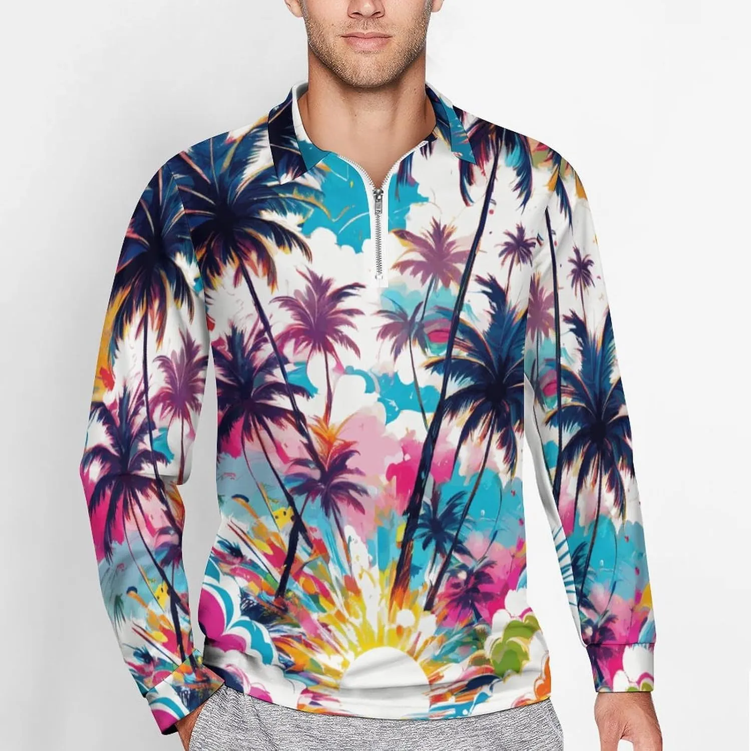 Tropical Palm-Trees Men's Lapel Neck Polo- Shirts Slim Fit Long Sleeve Golf T-Shirts Casual Tees