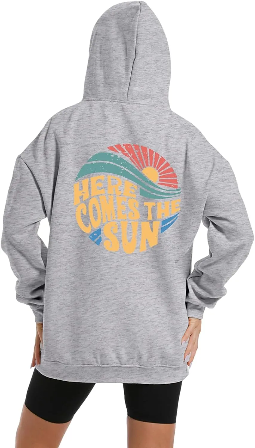 Tuislay Oversized Hoodies for Women Sunset Letter Slogan Graphic Beachy Sweatshirt Aesthetic Teen Fleece Hooded Pullover