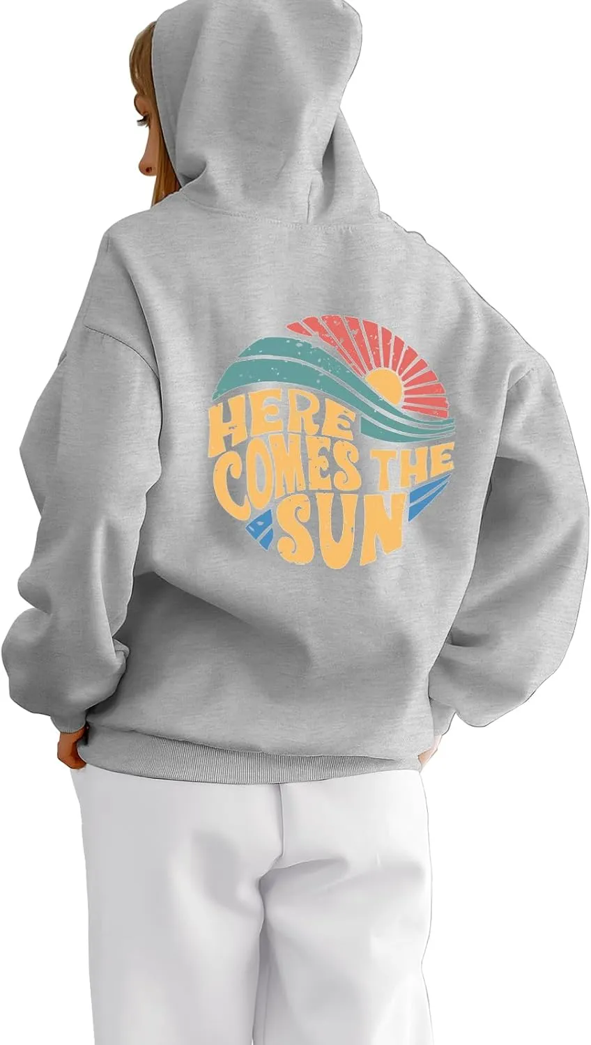 Tuislay Oversized Hoodies for Women Sunset Letter Slogan Graphic Beachy Sweatshirt Aesthetic Teen Fleece Hooded Pullover