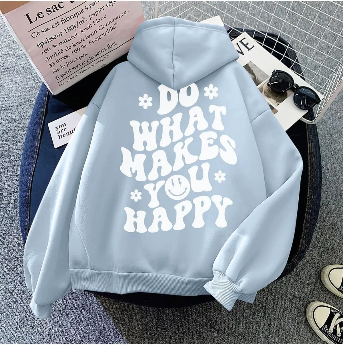 Tuislay Women Cute Graphic Oversized Hoodies Sweatshirts for Teen Girls Aesthetic Y2k Preppy Fleece Happy Hooded Pullover