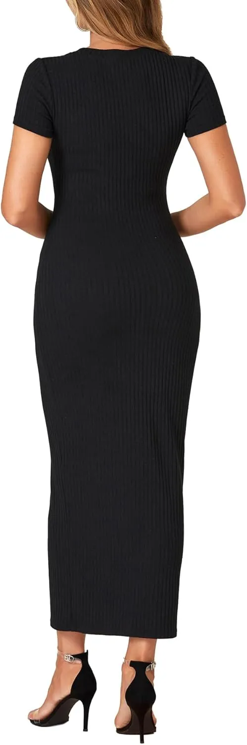 Umenlele Womens Casual Short Sleeve Ribbed Knit Bodycon Fitted Pencil Long Maxi Dress