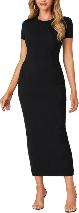 Umenlele Womens Casual Short Sleeve Ribbed Knit Bodycon Fitted Pencil Long Maxi Dress
