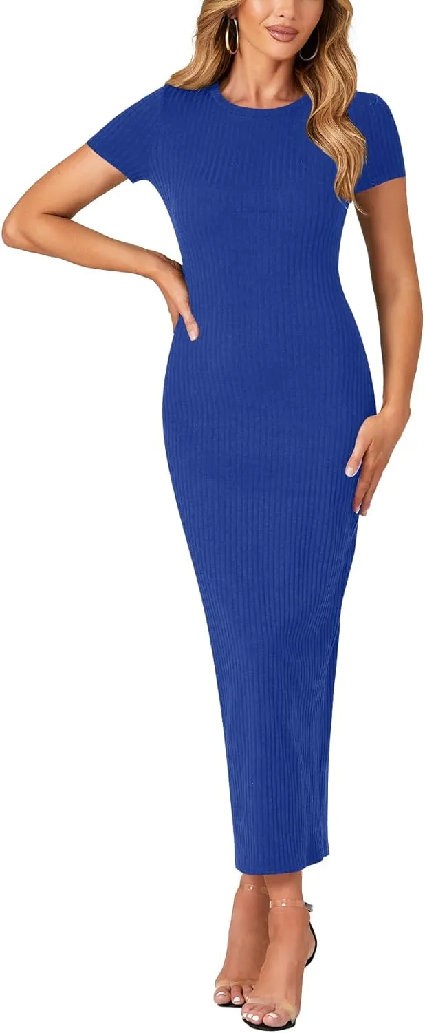Umenlele Womens Casual Short Sleeve Ribbed Knit Bodycon Fitted Pencil Long Maxi Dress
