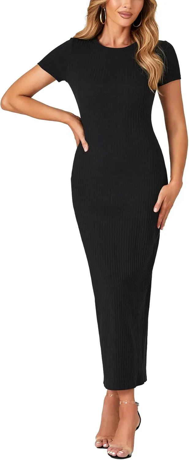 Umenlele Womens Casual Short Sleeve Ribbed Knit Bodycon Fitted Pencil Long Maxi Dress