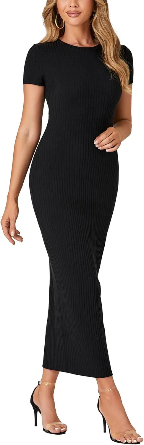 Umenlele Womens Casual Short Sleeve Ribbed Knit Bodycon Fitted Pencil Long Maxi Dress