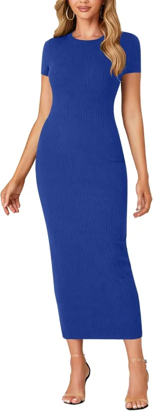 Umenlele Womens Casual Short Sleeve Ribbed Knit Bodycon Fitted Pencil Long Maxi Dress