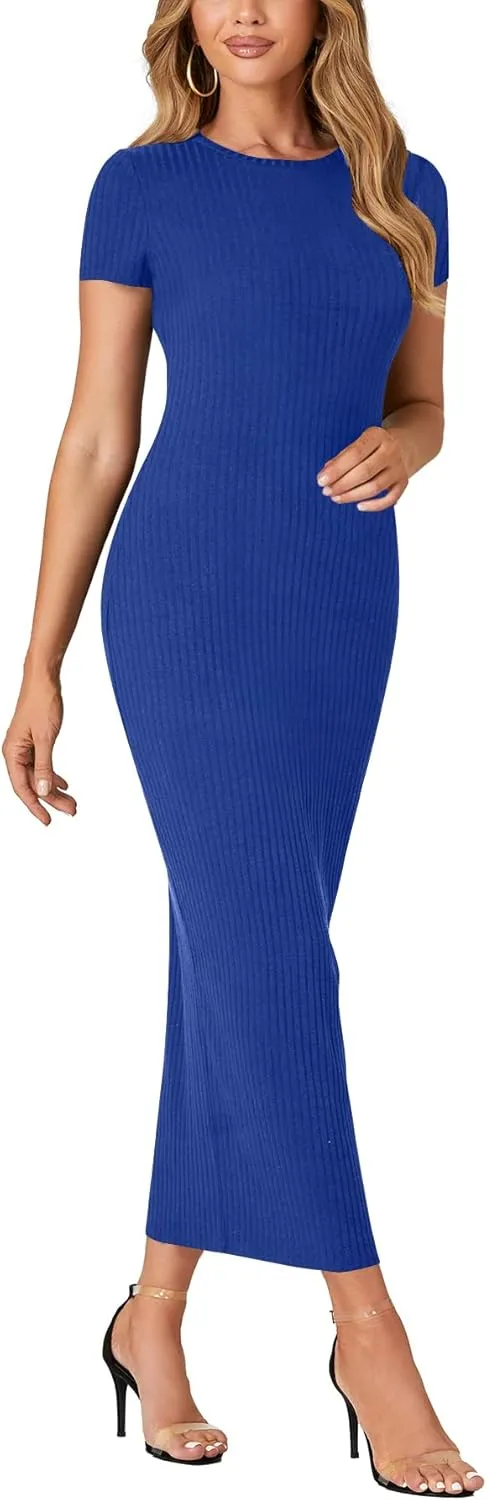 Umenlele Womens Casual Short Sleeve Ribbed Knit Bodycon Fitted Pencil Long Maxi Dress