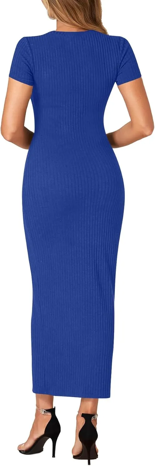 Umenlele Womens Casual Short Sleeve Ribbed Knit Bodycon Fitted Pencil Long Maxi Dress