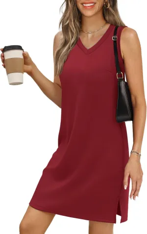 V-Neck Summer Casual Beach Dress for Women 2025 Vacation Women's Sleeveless Sundress with Split Wine Medium