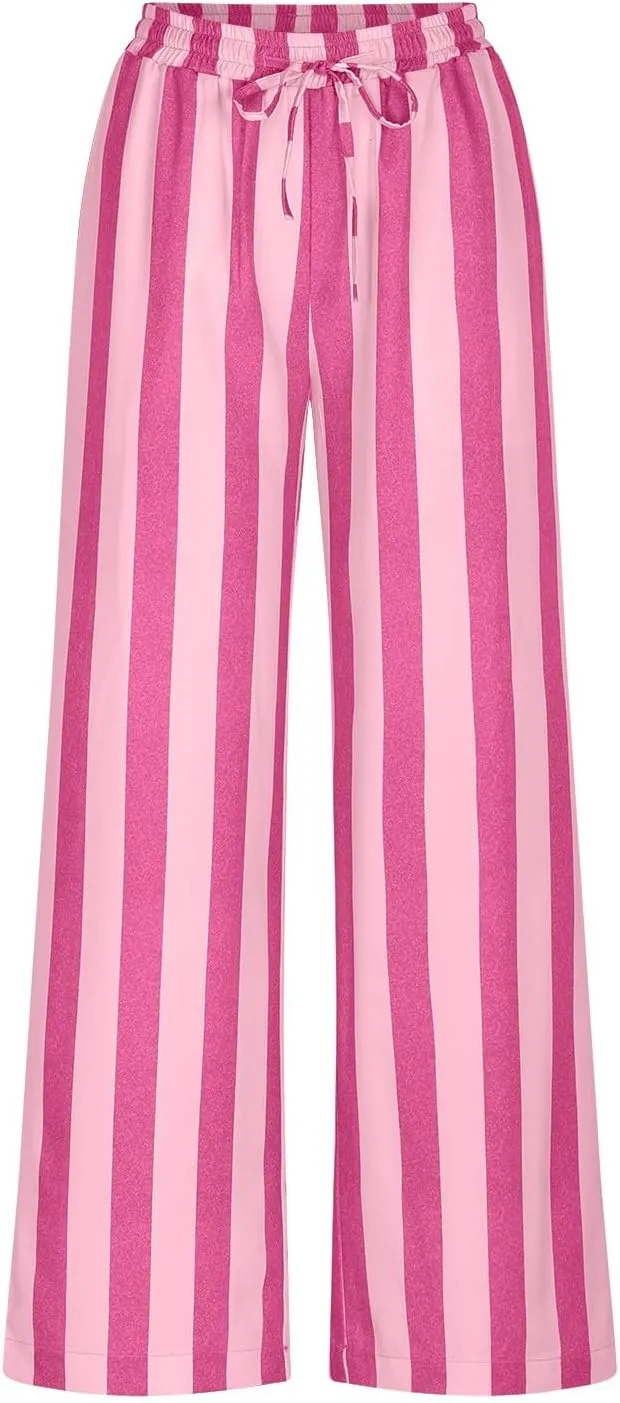 Vertical Striped Wide Leg Pants Womens Vintage High Waist Loungewear Pant Fashion Casual Loose Fit Pocketed Trousers
