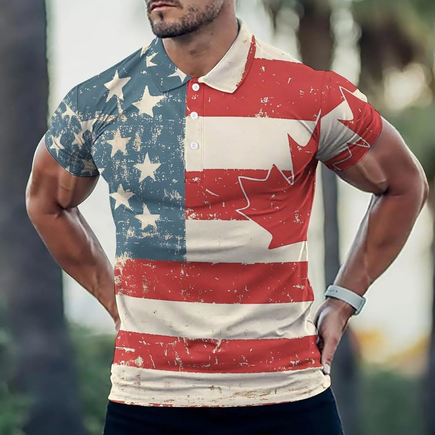 Vintage United States And Canada Flag Mens Polo Shirts Quick Dry Short Sleeve T-shirts Slim Tennis Collared Tees Tops