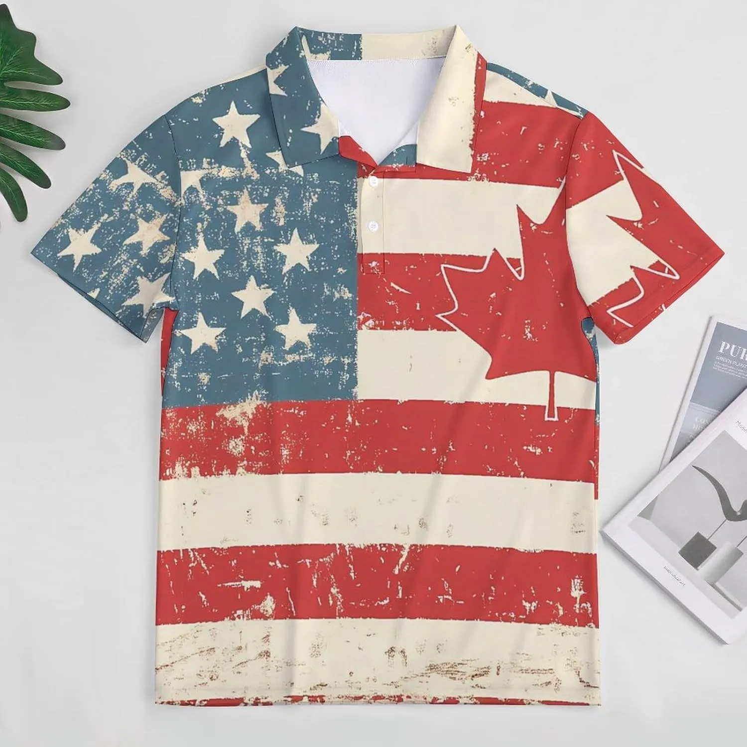 Vintage United States And Canada Flag Mens Polo Shirts Quick Dry Short Sleeve T-shirts Slim Tennis Collared Tees Tops