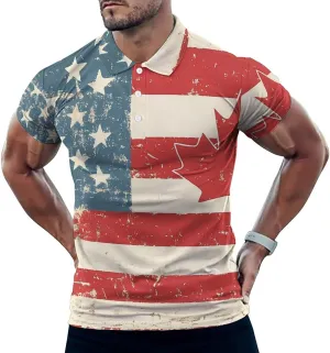 Vintage United States And Canada Flag Mens Polo Shirts Quick Dry Short Sleeve T-shirts Slim Tennis Collared Tees Tops