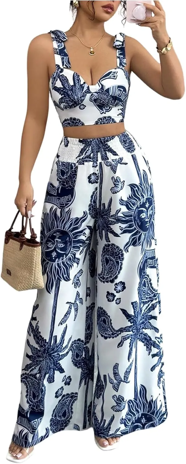 WDIRARA Women's 2 Piece Outfits Boho Paisley Sleeveless Crop Tank Tops and High Waist Wide Leg Pants Set