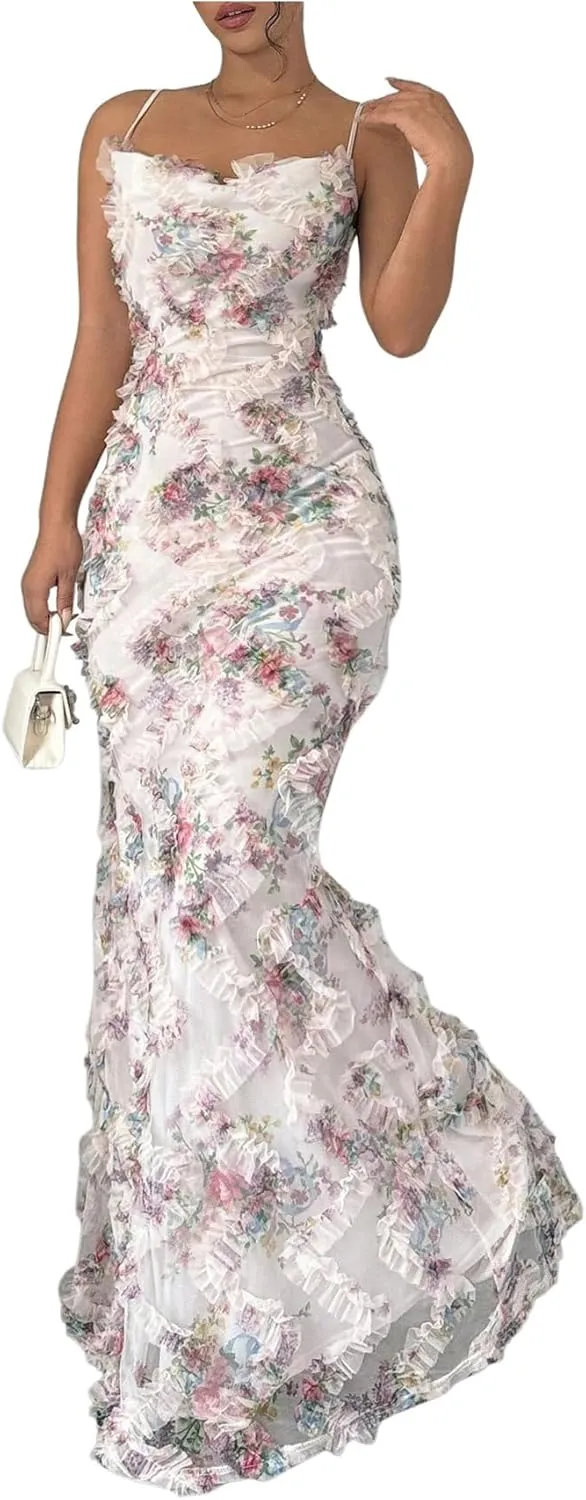 WDIRARA Women's Floral Mesh Bodycon Maxi Dress Frill Trim Sleeveless Fishtail Cami Dresses