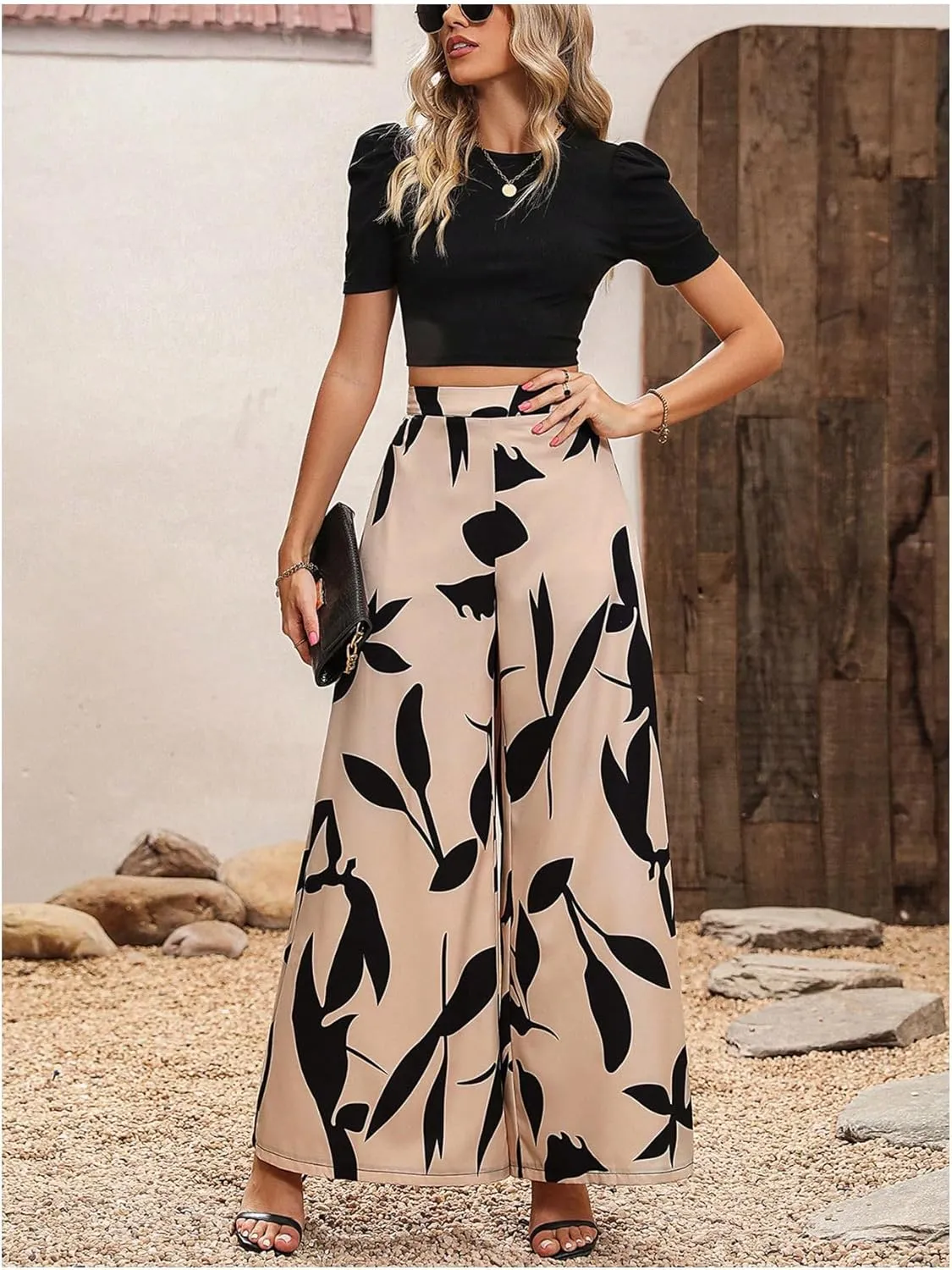 WDIRARA Women's Two Piece Outfits Round Neck Puff Sleeve Crop Top and Wide Leg Pants Set