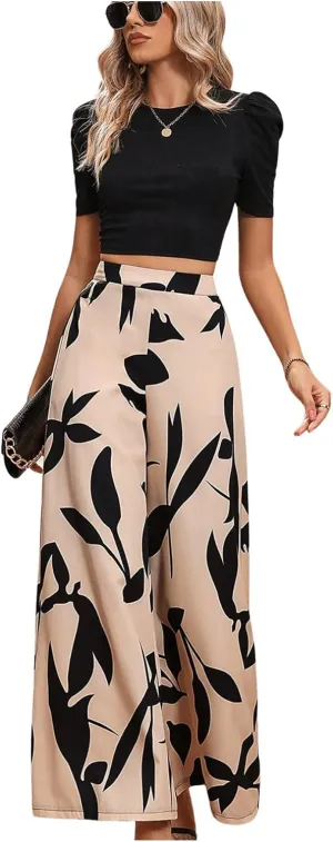WDIRARA Women's Two Piece Outfits Round Neck Puff Sleeve Crop Top and Wide Leg Pants Set