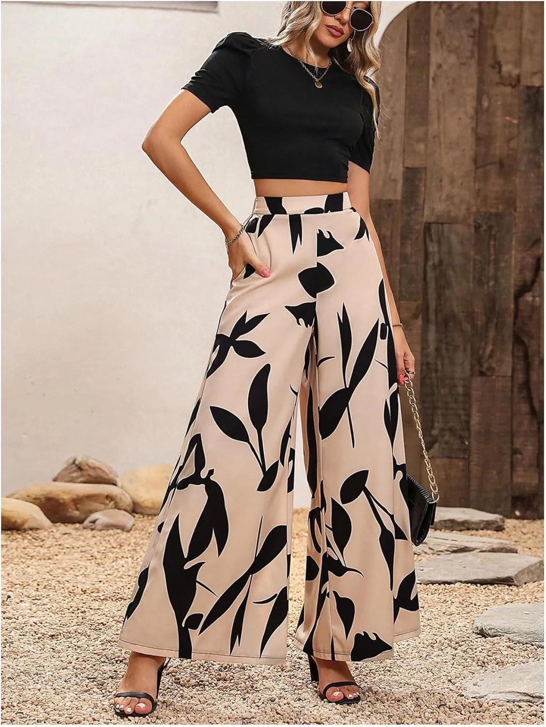 WDIRARA Women's Two Piece Outfits Round Neck Puff Sleeve Crop Top and Wide Leg Pants Set