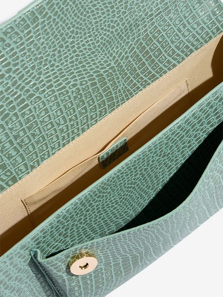 Westside Green Textured Elongated Handbag with Belt