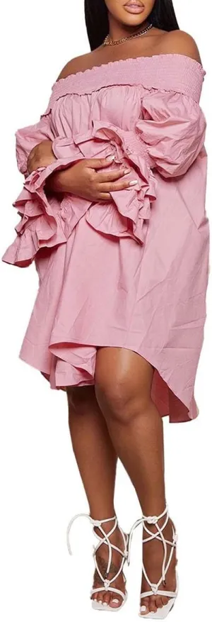 WOKANSE Women's Sexy Solid Color Layered Flare Sleeve Cold Shoulder A Line Shoulder Ruched Midi Dresses Night Out
