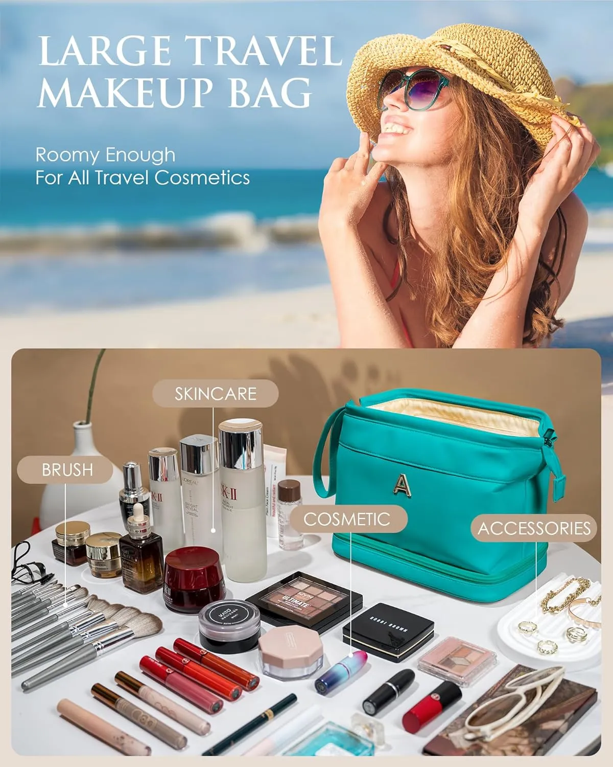 Woman Present, Birthday Gift for Her, Makeup Bags, Waterproof Double Layer Cosmetic Bag, Large Capacity PU Leather Makeup Bags Letter Travel Toiletry Bag, Initial Gifts for Coworkers