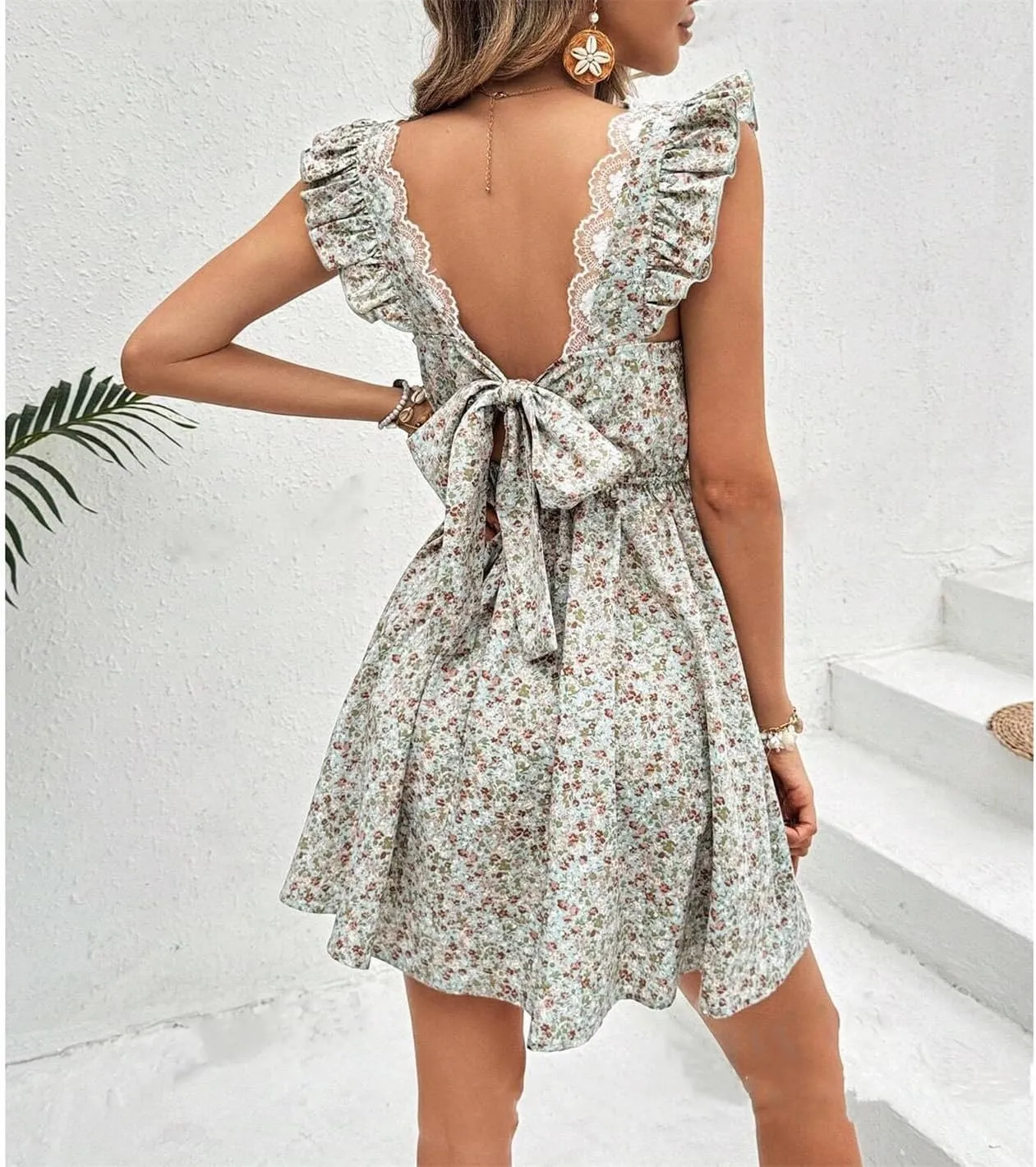 Women Boho Floral Mini Dress Backless Bow Knot Puff Sleeve A-line Short V Neck Ruffle Mini Flowy Dress