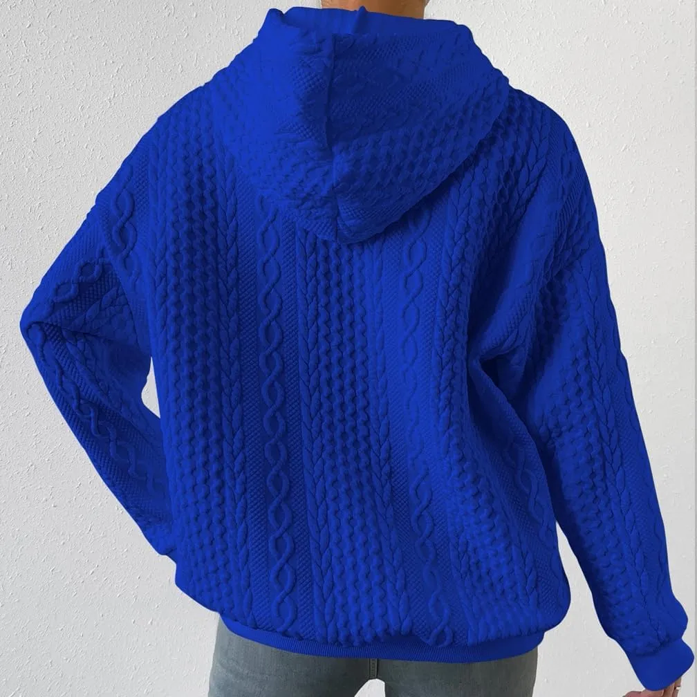 Women Cable Textured Drawstring Thermal Hoodies Casual Drop Shoulder Long Sleeve Solid Pullover Oversized Hooded