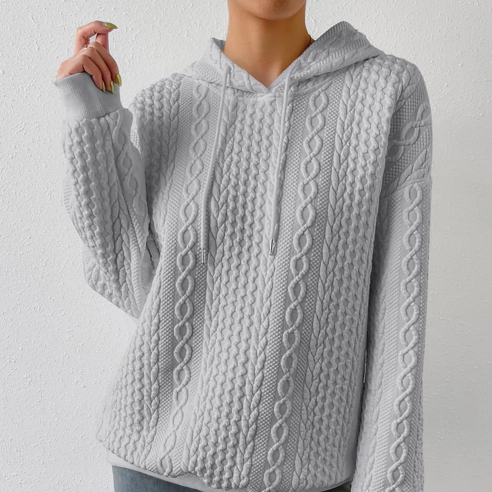 Women Cable Textured Drawstring Thermal Hoodies Casual Drop Shoulder Long Sleeve Solid Pullover Oversized Hooded