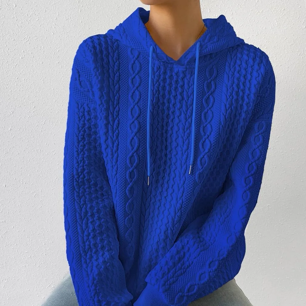 Women Cable Textured Drawstring Thermal Hoodies Casual Drop Shoulder Long Sleeve Solid Pullover Oversized Hooded