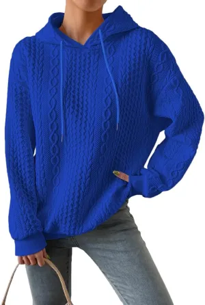 Women Cable Textured Drawstring Thermal Hoodies Casual Drop Shoulder Long Sleeve Solid Pullover Oversized Hooded