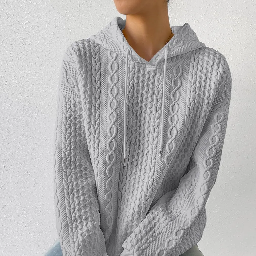 Women Cable Textured Drawstring Thermal Hoodies Casual Drop Shoulder Long Sleeve Solid Pullover Oversized Hooded