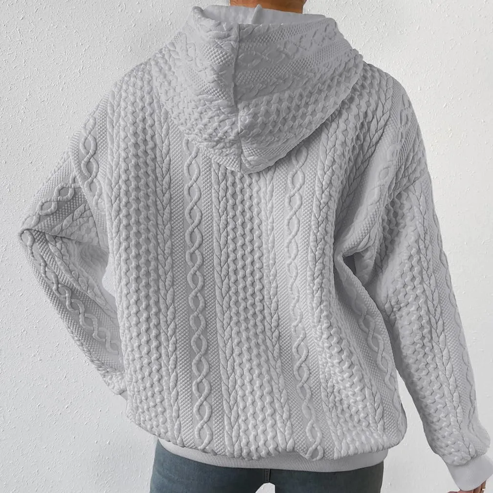 Women Cable Textured Drawstring Thermal Hoodies Casual Drop Shoulder Long Sleeve Solid Pullover Oversized Hooded
