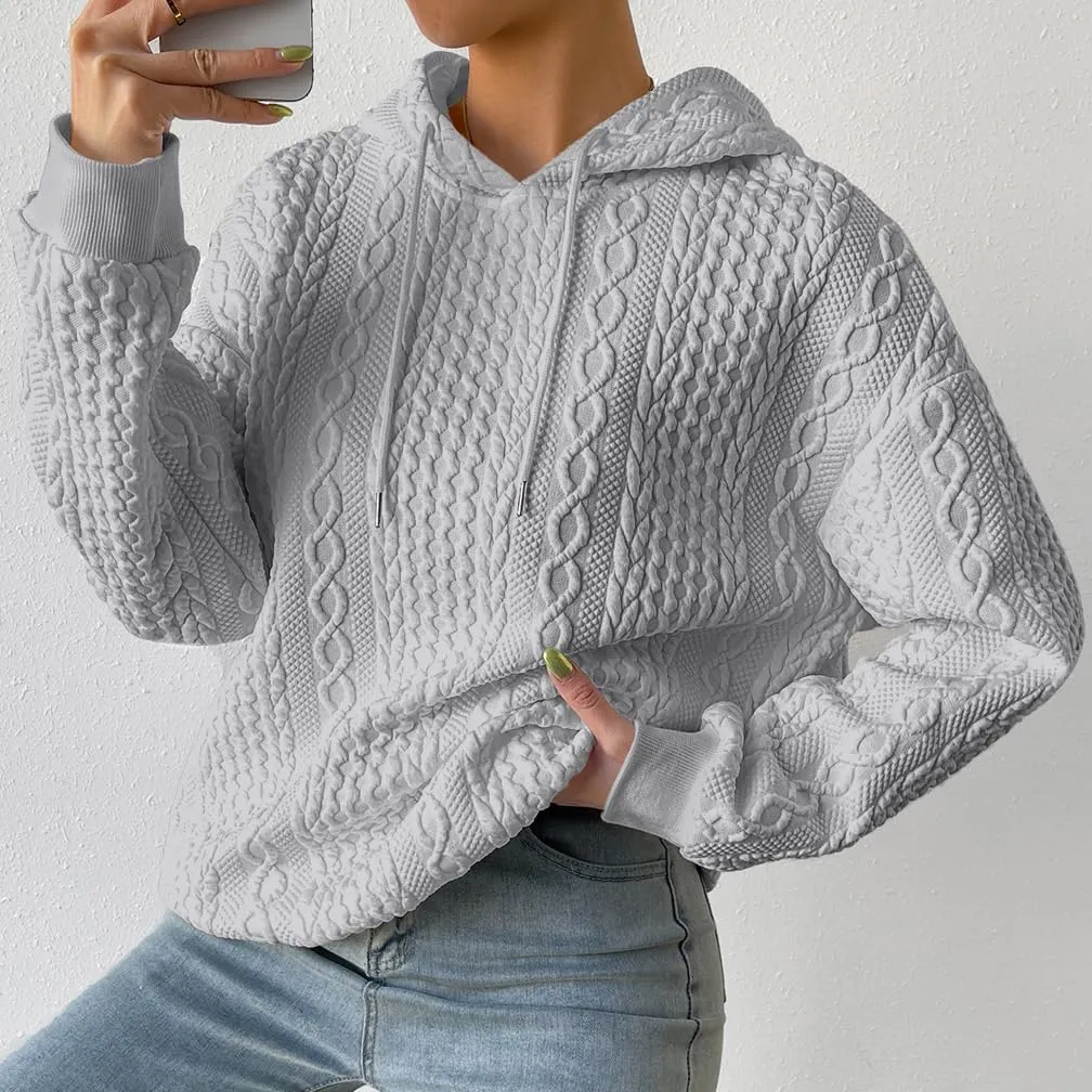 Women Cable Textured Drawstring Thermal Hoodies Casual Drop Shoulder Long Sleeve Solid Pullover Oversized Hooded