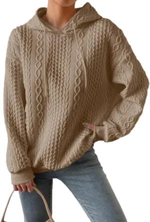 Women Cable Textured Drawstring Thermal Hoodies Casual Drop Shoulder Long Sleeve Solid Pullover Oversized Hooded