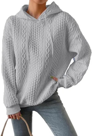 Women Cable Textured Drawstring Thermal Hoodies Casual Drop Shoulder Long Sleeve Solid Pullover Oversized Hooded