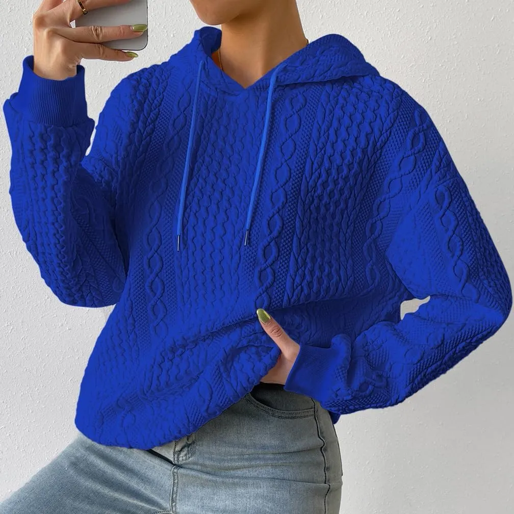 Women Cable Textured Drawstring Thermal Hoodies Casual Drop Shoulder Long Sleeve Solid Pullover Oversized Hooded