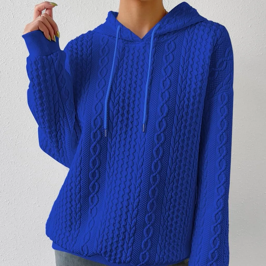 Women Cable Textured Drawstring Thermal Hoodies Casual Drop Shoulder Long Sleeve Solid Pullover Oversized Hooded