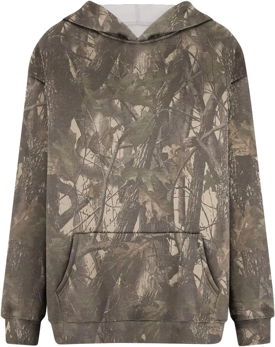 Women Camo Hoodie Maple-Leaf Print Oversized Sweatshirt Y2K Fall Fleece Hooded Sweatshirts With Kangaroo Pocket