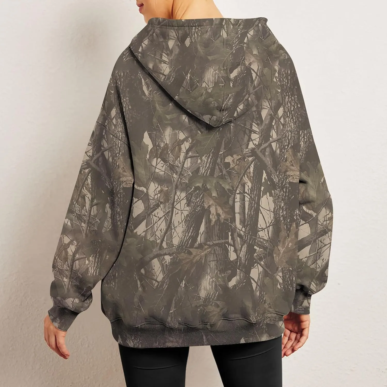 Women Camo Hoodie Maple-Leaf Print Oversized Sweatshirt Y2K Fall Fleece Hooded Sweatshirts With Kangaroo Pocket