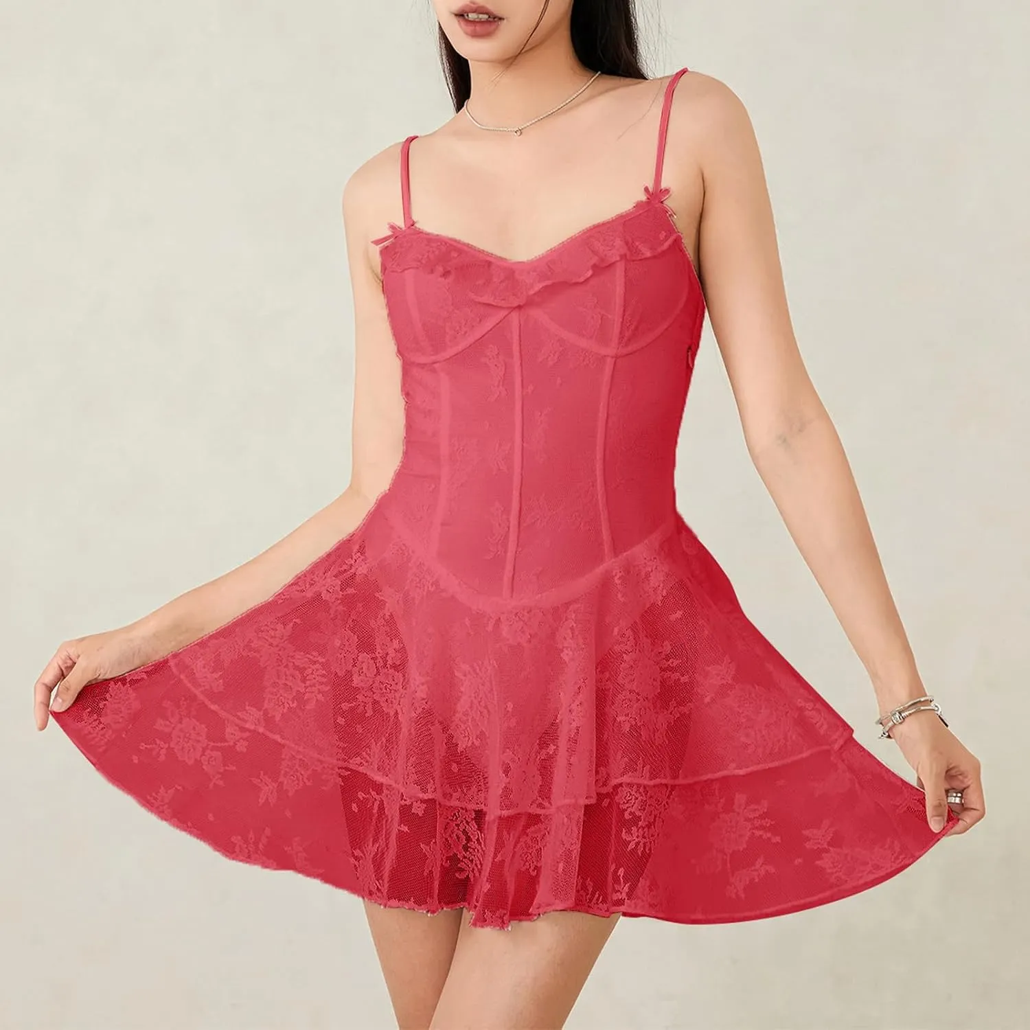 Women Corset Mini Dress Sleeveless Spaghetti Strap Backless Lace Floral Tiered Ruffle Hem Cami Dress Party Clubwear