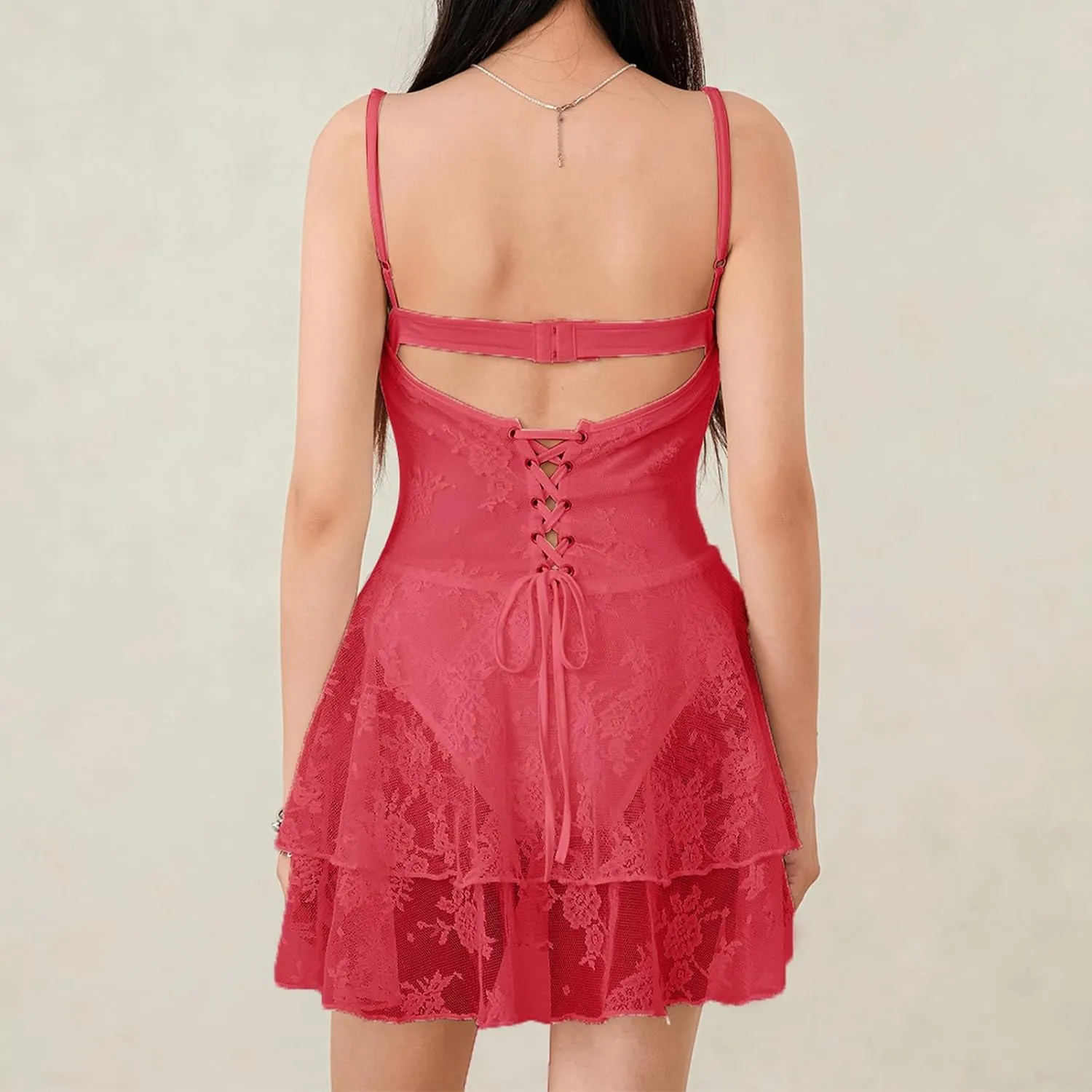Women Corset Mini Dress Sleeveless Spaghetti Strap Backless Lace Floral Tiered Ruffle Hem Cami Dress Party Clubwear