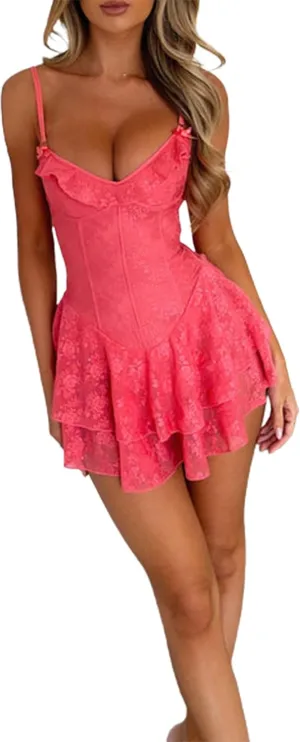 Women Corset Mini Dress Sleeveless Spaghetti Strap Backless Lace Floral Tiered Ruffle Hem Cami Dress Party Clubwear