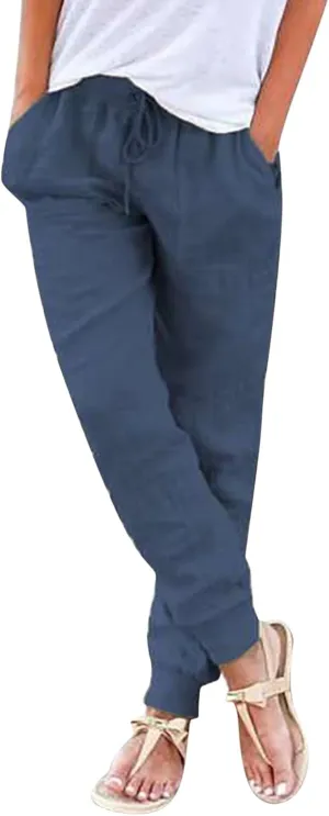 Women Cotton Linen Tapered Pants Drawstring Elastic High Waist Trousers Casual Summer Plus Size Joggers with Pockets