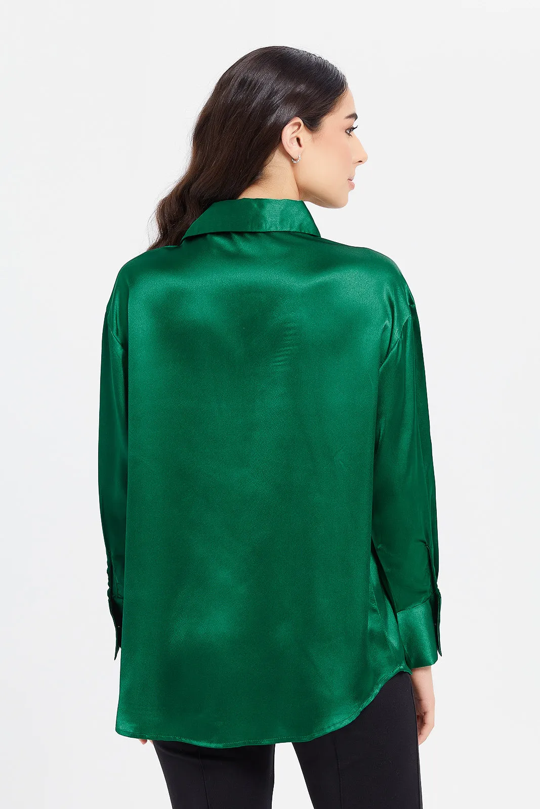 Women Green Oversized Satin Shirt