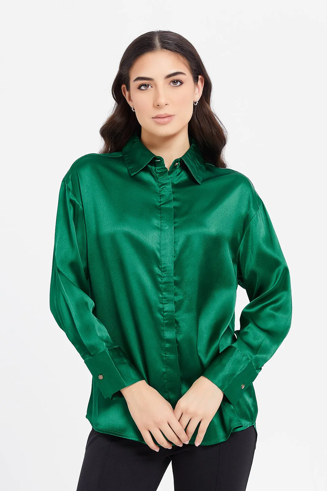 Women Green Oversized Satin Shirt