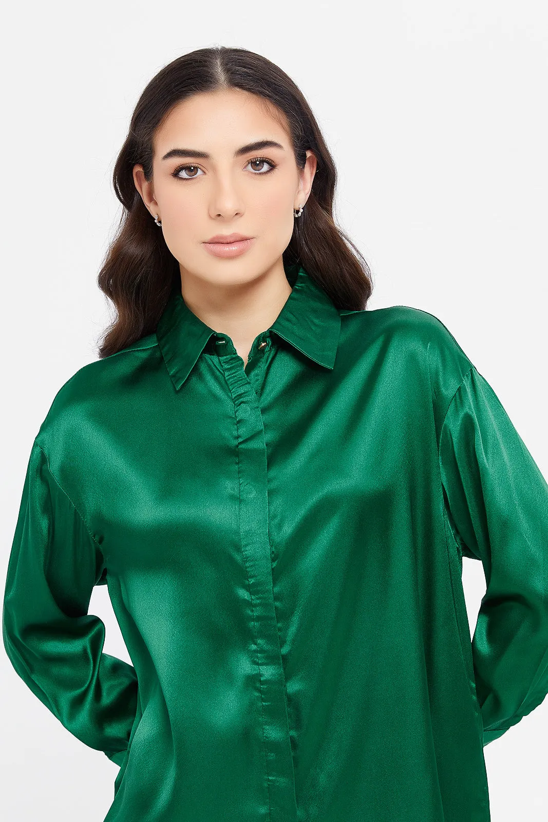 Women Green Oversized Satin Shirt