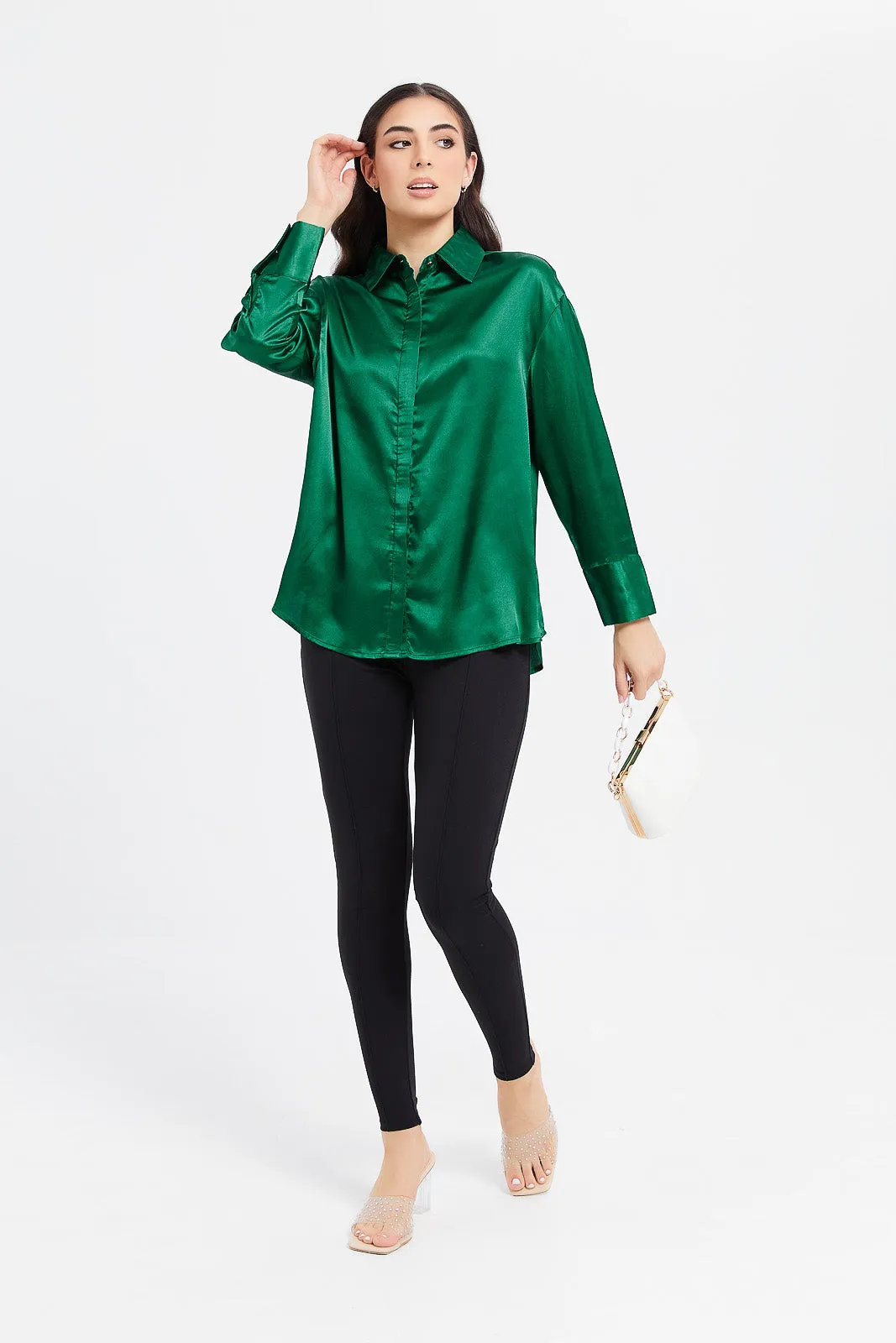 Women Green Oversized Satin Shirt