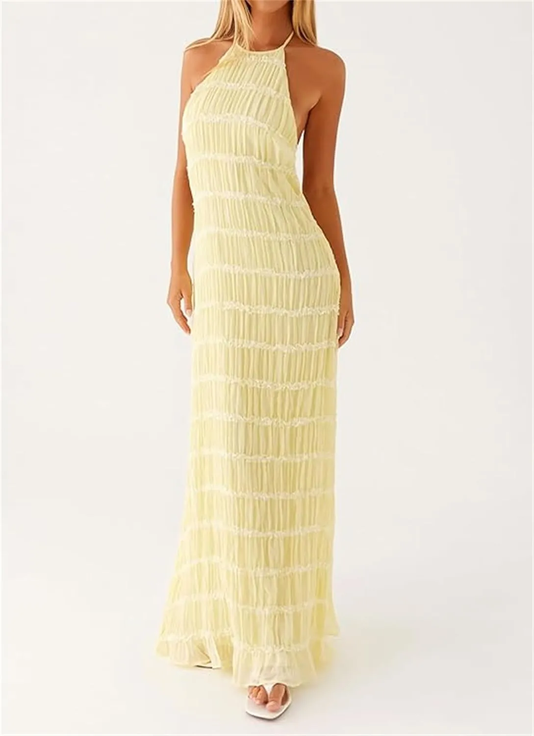 Women Halter Ruched Maxi Dress Backless Sleeveless Long Dress Bodycon See Througn Pleated Sundress Beachwear